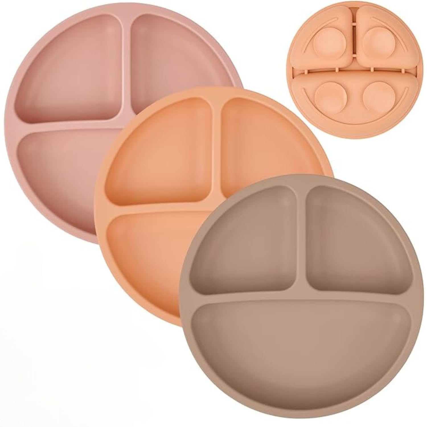 MumEZ Baby Plates with Suction - 3 Pack Silicone Baby Suction Plate for Toddler Kids Self Feeding - Weaning Plates for High Chair Tray - Unbreakable, Portable, Non Slip (Coffee+Nude+Pink)