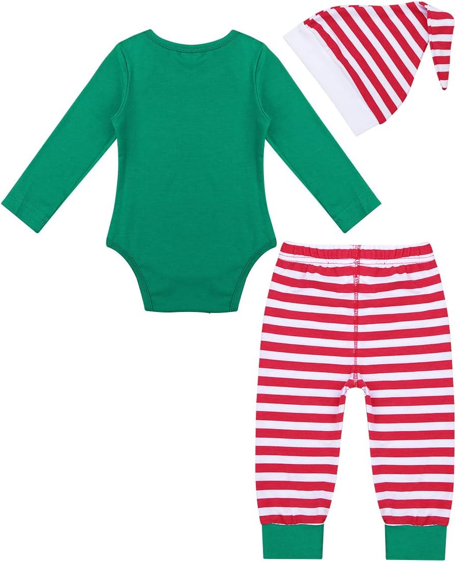 inlzdz Baby Girls Boys Xmas Santa Fairy Spirit Outfit Long Sleeves Romper with Striped Pants Hat Clothes Set Christmas Costume Green 9-12 Months - Image 3