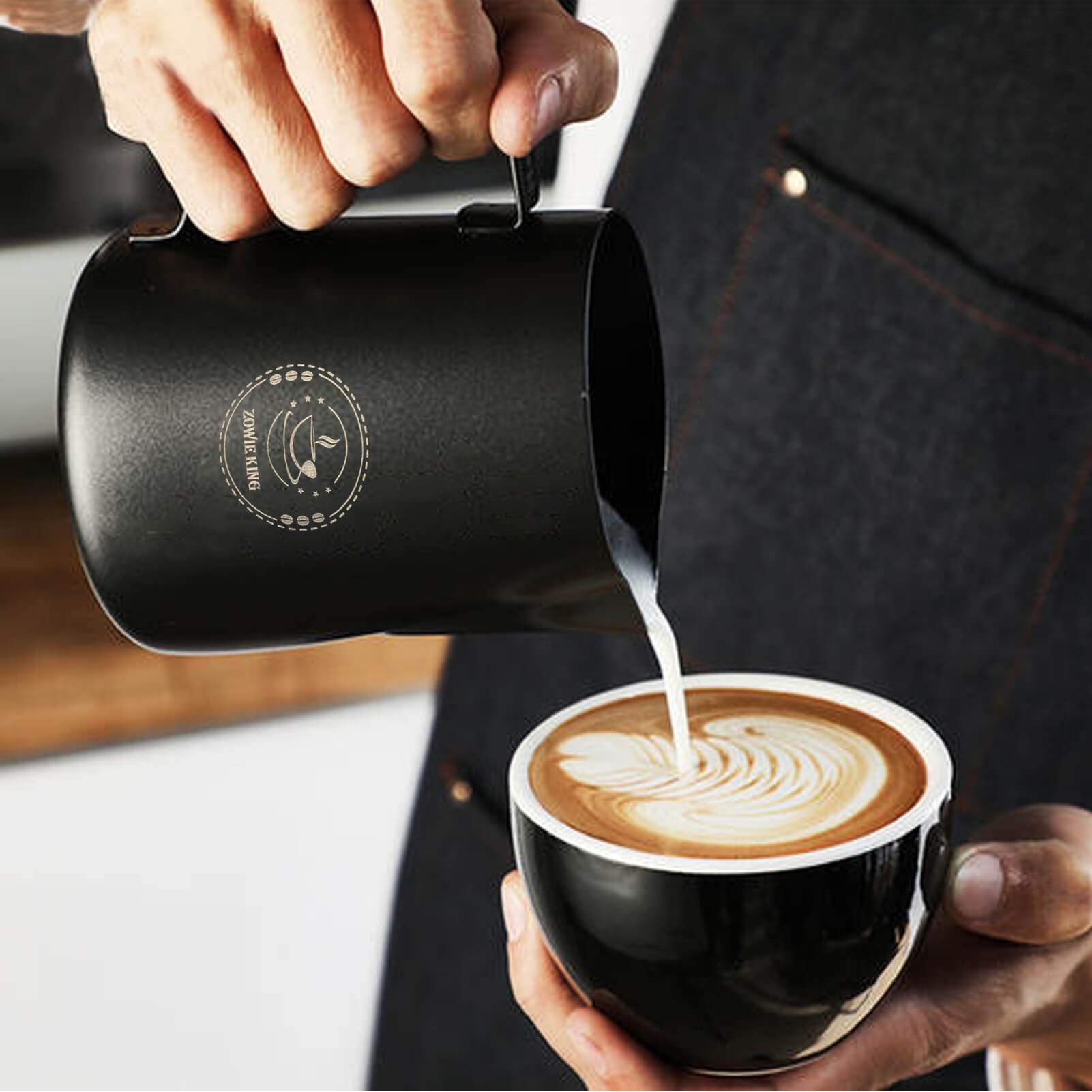 Stainless Steel Espresso Steaming Pitcher - 12oz Milk Frothing Jug for Cappuccino, Latte Art - Black