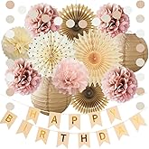 Pink and Brown Birthday Decorations Champagne Gold Beige Boho Birthday Decorations Dusty Pink Cream Neutral Dusty Rose Pom Poms Lanterns Fans Party with Retro Gold Banner for Women Girls