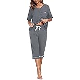 COLORFULLEAF Womens Pajama Sets 100% Cotton Summer Pj Set Capri Pants Sleepwear 2 Piece Lounge Set with Pockets
