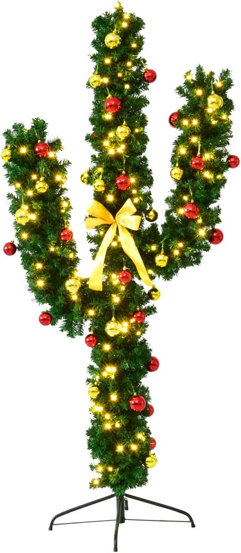 Trees - SAFEPLUS 5ft Cactus Christmas Tree Artificial Xmas Tree with 90 LED Lights and Bowknot