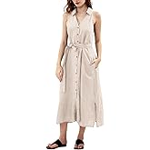 Amazhiyu Womens 100% Linen Sleeveless Button Down Collar Midi Dresses with Belt