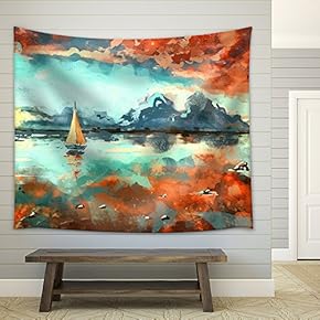 Digital Painting of Boat in The Ocean at Sunset. Rastr Stock Llustration - Fabric Wall Tapestry Home Decor - 51x60 inches