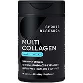 Sports Research® Multi Collagen Pills for Women & Men - Collagen Peptides (Type I, II, III, V, X) Enhanced with Hyaluronic Acid & Vitamin C - Gluten Free · Non-GMO - 90 Capsules