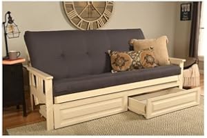 HomeStock Timeless Tradition Full Size Futon Frame Set in Antique White Finish with Mattress, Easily Converts to Bed, 33" H x 79" L x 37" D Twill Gray/with Storage Drawers