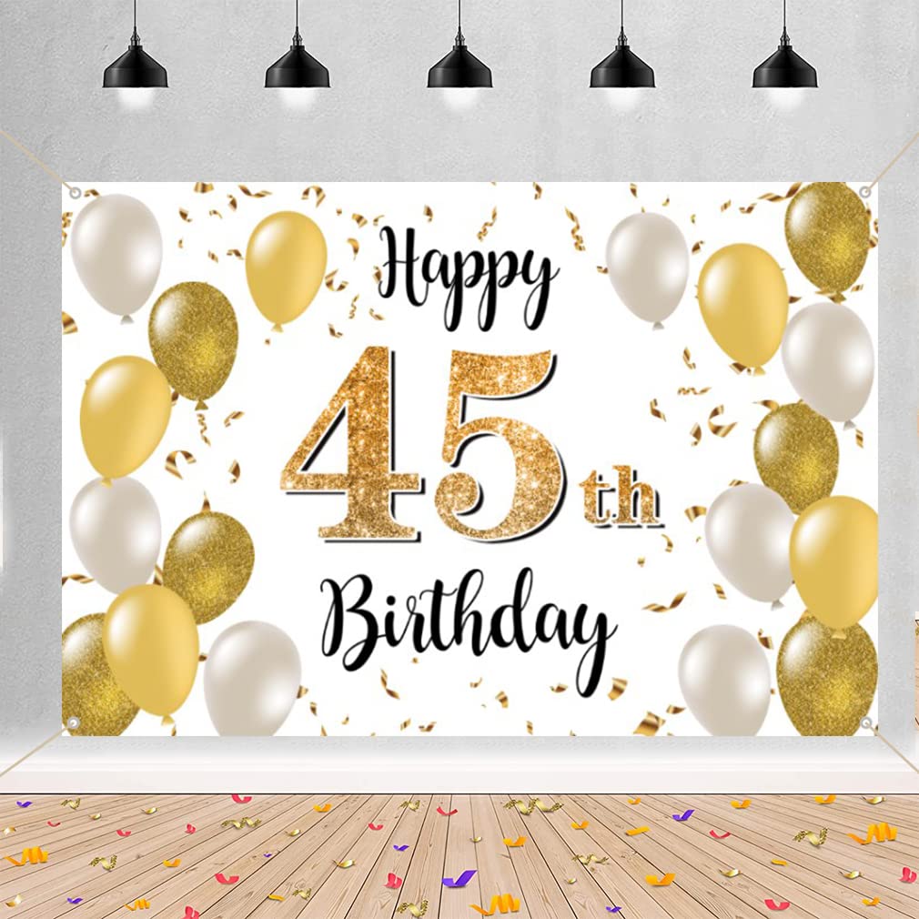 Tecreo 45th Birthday Decorations, Fabric Sign Poster, 1.5m, White and Gold, Vinyl, Customizable