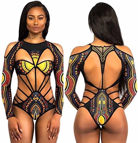 Viahwyt Women One Piece Beachwear Sexy Swimsuit African Printing National Style Swimwear Bandage Bathing Suit Backless Monokini Push-Up Bra Padded Bikini