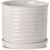 Chubacoo 8 Inch Plant Pot: Ceramic Planter with Drainage Hole & Saucer for Indoor Outdoor Plants - Flowerpot with Bonded Tray for Home Office - Wave Embossed