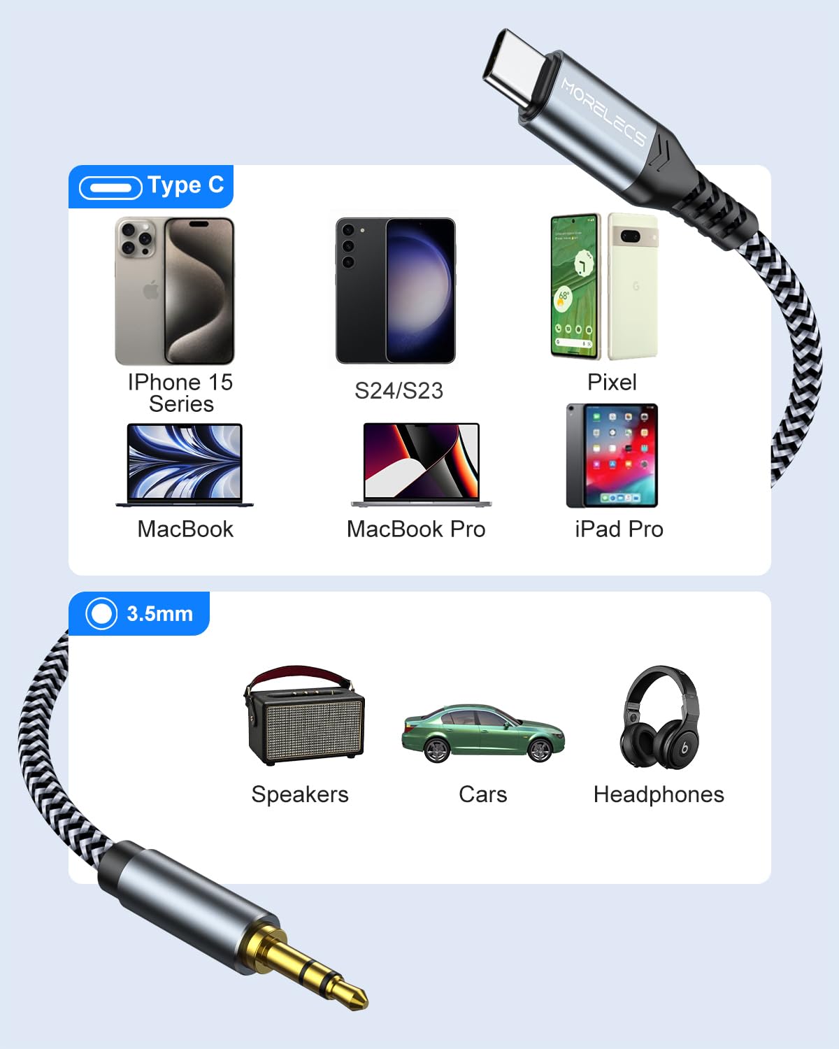 Aux to USB C, 3.3ft Aux Cord to USB C Compatible with iPhone 15/16/17, Galaxy S24/S23, iPad Pro, Pixel - Type C to 3.5mm Cord for Car, Headphones, Speakers