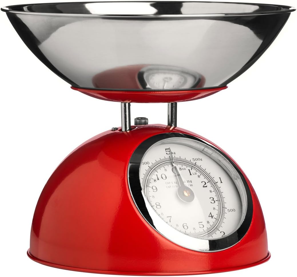 Premier Housewares Retro Kitchen Scales with Bowl Stainless Steel Food Cooking Scales 5kg Food Scales Weighing Kitchen Scale Bowl Red 21x24 x24