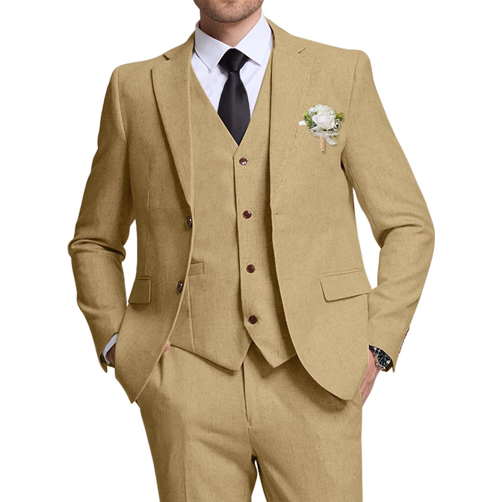 High-End Suits Retro Khaki Linen Men Suit Casual