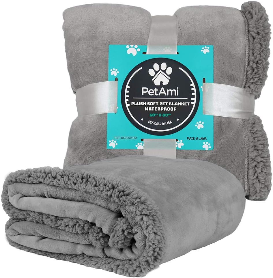 PetAmi WATERPROOF Dog Blanket for Bed, Couch, Sofa | Waterproof Dog Bed Cover for Large Dogs Puppies | Grey Sherpa Fleece Pet Blanket Furniture Protector | Reversible Microfiber | 80 x 55 (Light Grey) : Pet Supplies