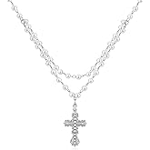 Lanadale Catholic Cross Rosary Pearl Layered Beaded Necklace for Women, Gold Virgin Mary Gothic Diamond Crucifix Cross Rosarios Catolicos Jesus Religious Y-shaped Necklaces Praying Jewelry Gifts