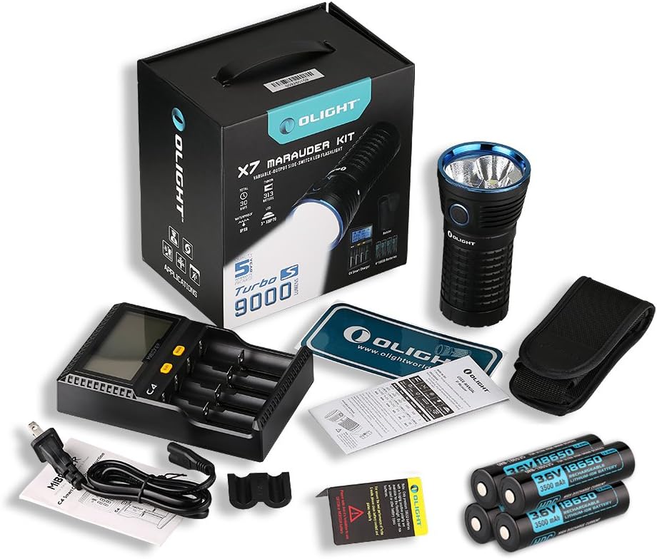 Olight X7 Marauder Kit, Ultra Bright Flashlights Torch,Light with 4pcs Customized 18650 Batteries, Hits 9000Lumen, Super Awesome Search Lamp Can Fulfill All the Outdoor and Indoor Use