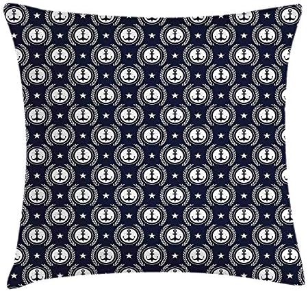Nautical Throw Pillow Cushion Cover, Maritime Pattern Anchor Logo Marine Icons with Stars Ornamental Illustration, Decorative Square Accent Pillow Case, 18 X 18 inches, Dark Blue White