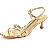 Athlefit Kitten Heels for Women Square Open Toe Gold Strappy Heeled Sandals Ankle Strap Dress Party Stiletto Low Heels Size 8.5