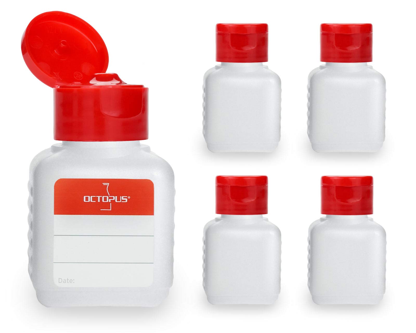 Octopus 5 x 50 ml plastic bottles, HDPE plastic bottles with red flip-top cap, empty bottles with red hinged cap, square bottles incl. 5 labels