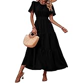 PRETTYGARDEN Women's Summer Casual Short Flutter Sleeve Round Neck Smocked Waist Tiered Boho Floral Flowy Maxi Dress