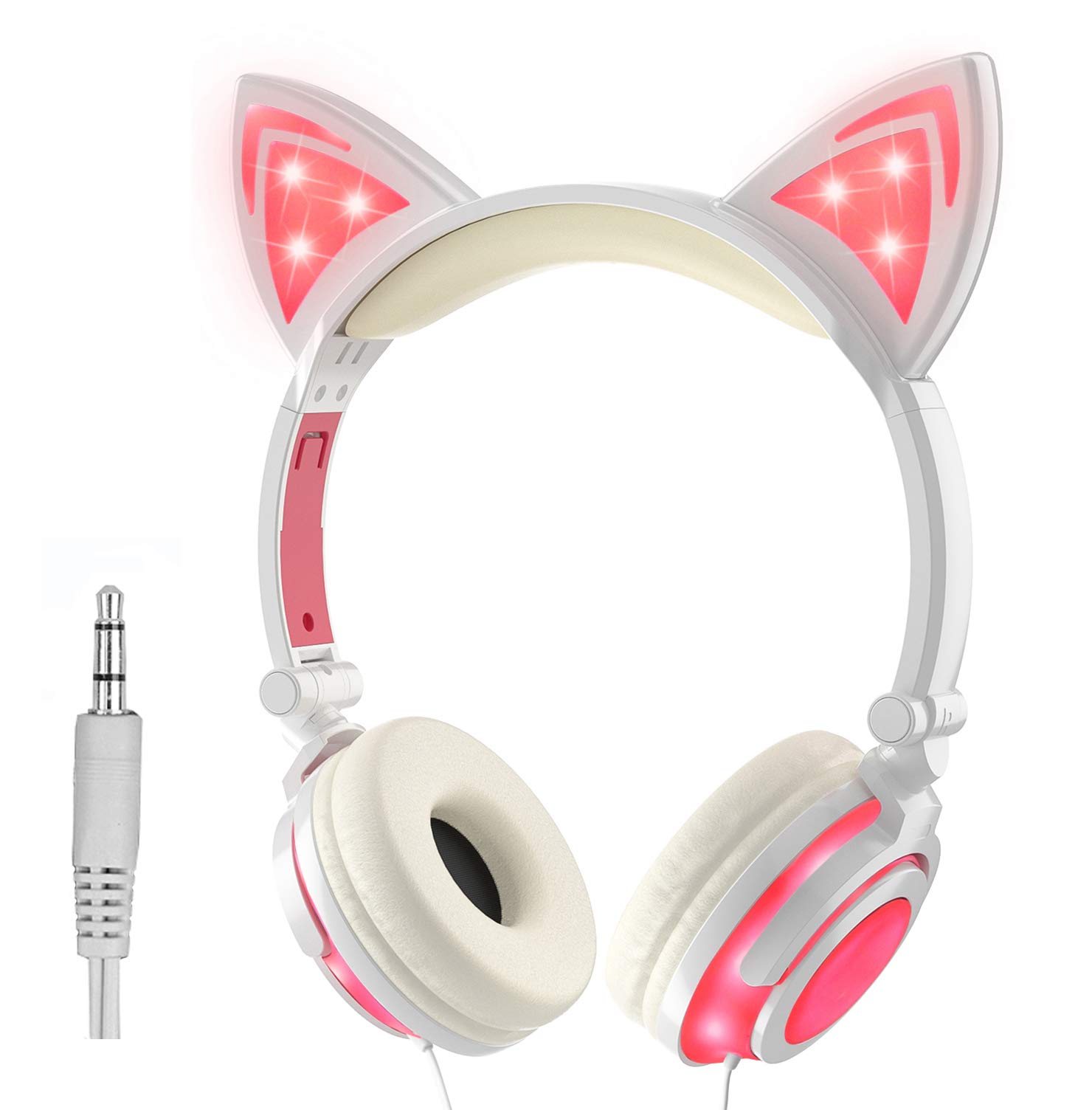 Olyre Kids Headphones Wired, On-Ear LED Kitty Headphones with Mic for Kids Boys Girls, Children Headset with cat ears for iPad Computer Tablet Laptop Gamepad School Learning (Pink+White)