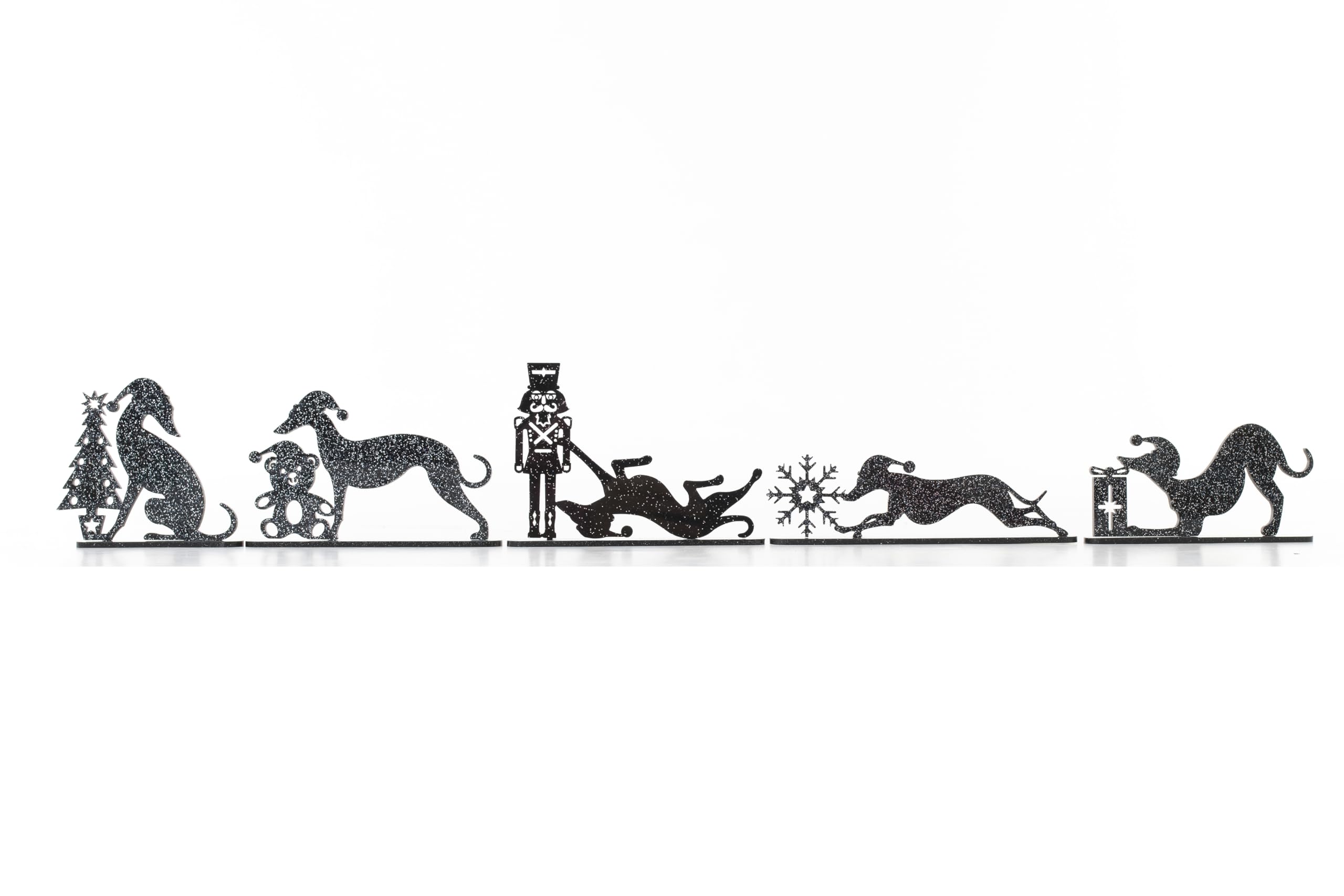 Set of 5 Sparkly Acrylic Whippet Greyhound Ornaments - Handmade Christmas Dog Decor, TV Toppers & Shelf Sitters - Perfect festive Gift for Dog lover (Black, Set of 5)