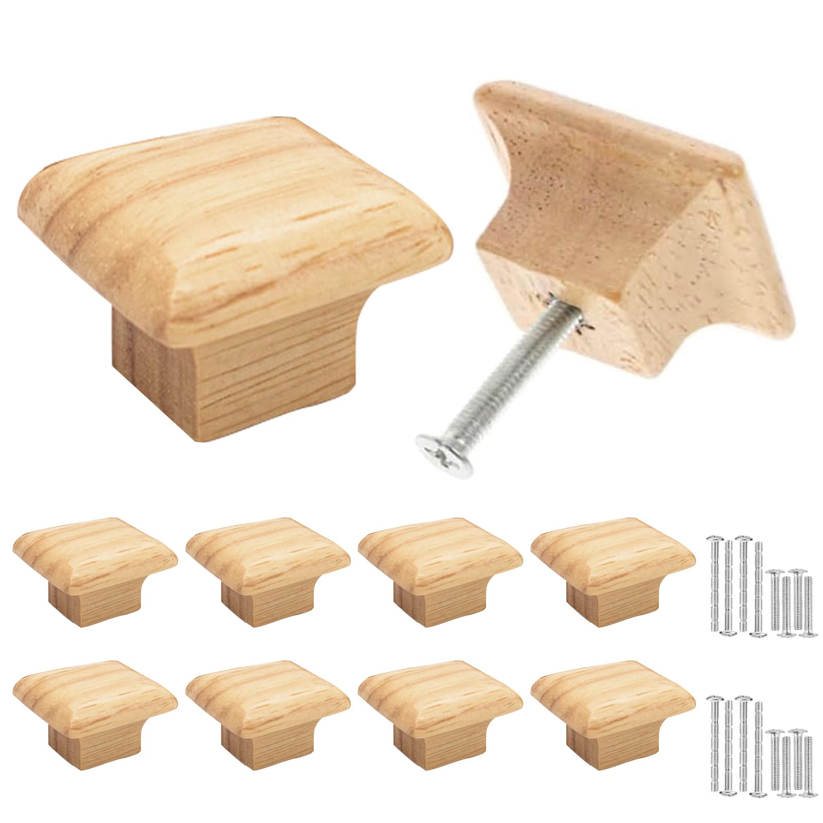 Misuyue Square Wooden Drawer Knobs (8 Pack) - Natural Wooden Door Handles/Cabinet Door Knobs - Wardrobe Door Knob with Screws - 3.5cm/1.37 Inches Wooden Handles - Door Knobs for Cupboards (8)