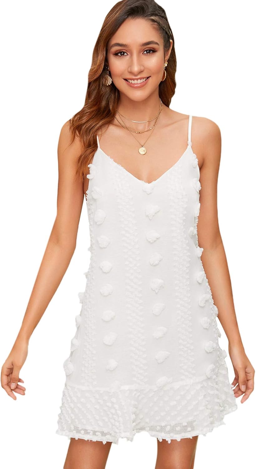 SheIn Women's Swiss Dot Sleeveless Ruffle Hem Off Shoulder Cami Short Dress - White - X-Small 
