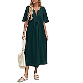 Wenrine Womens Flutter Short Sleeve Maxi Dress Casual V Neck Side Slit Pleated Loose Flowy Summer Dresses