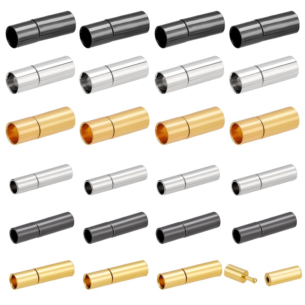 PH PandaHall 24PCS 6 Styles Brass Bayonet Clasps Connectors Column Push Clasps Cord End Cap Barrel Beads Cylinder Bracelet Clasps Smooth Column End for DIY Bracelet Necklace Making Hole 3mm/5mm