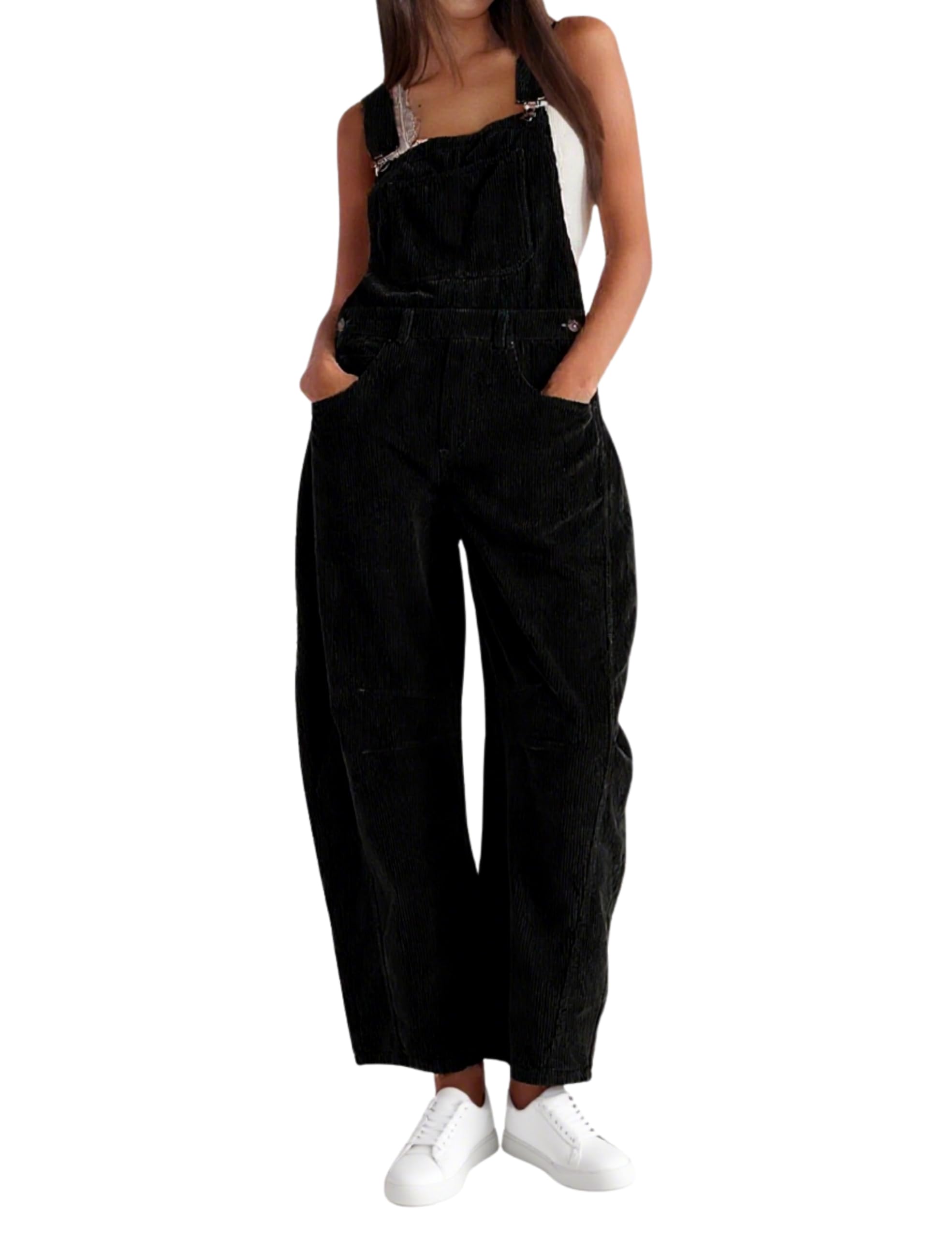 Photo 1 of AMEBELLE Corduroy Overalls for Women Barrel Wide Leg Bib Corduroy Pants Women Adjustable Romper Jumpsuit with Pockets(3007-Black-L)