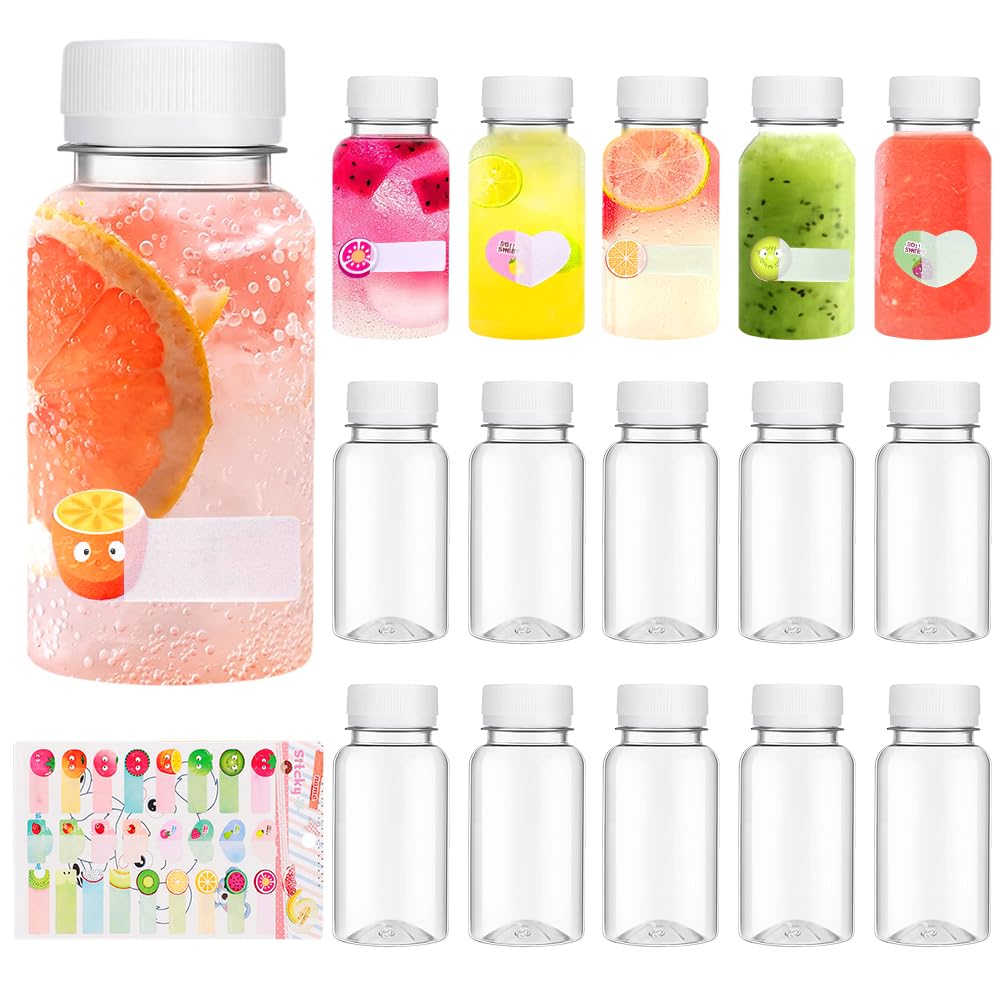 QHSXMQ 15 Pcs Juice Bottles with Lids, 100ml Plastic Shot bottles, Reusable Small Bottle with lids for Smoothie, Milk, or juice Drinks - Includes Fruit Stickers (White)