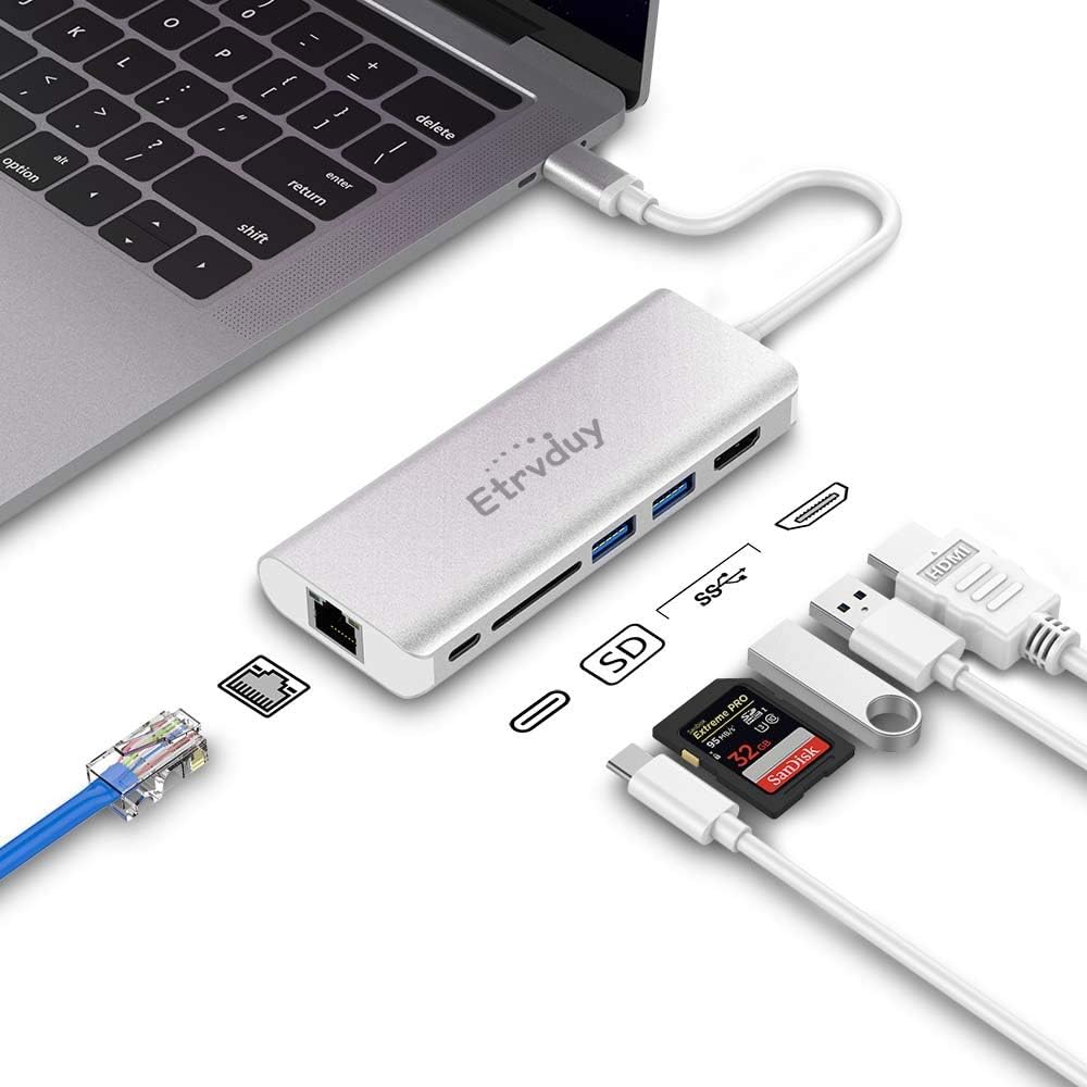 Etrvduy USB C Hub, Multiport USB C Adapter with 4K USB C to HDMI Converter, 2 USB 3.0, Card Reader, Type C Charging, Gigabit Ethernet, USB C Dock Compatible Apple MacBook Pro 13/15/16 (Thunderbolt 3): Computers & Accessories