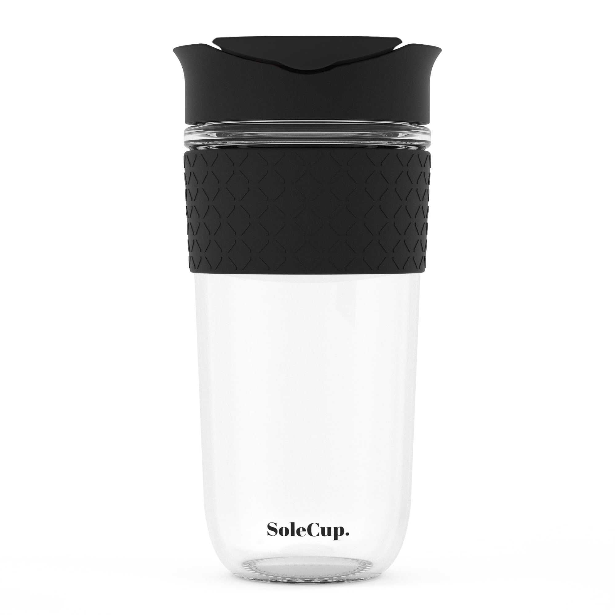 SoleCup. - Reusable Strengthened Glass Travel Cup - Spill Proof Coffee Mug - 18oz/530ml BPA-Free Hot Drink Travel Mug with Lid & Silicone Band (Black, 18oz / 530ml)