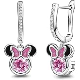 Mouse Earrings for Women Sterling Silver Pink CZ Mouse Dangle Hoop Earrings Sparkling Mini Cute Mouse Bow Earrings Minnie Animal Earrings Lucky Cute Princess Huggie Jewelry Gifts for Daughter Birthday