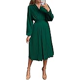 PRETTYGARDEN Women's Spring Midi Dress Long Puff Sleeve Wrap V Neck Flowy Ruffle Pleated Casual Fall Dresses