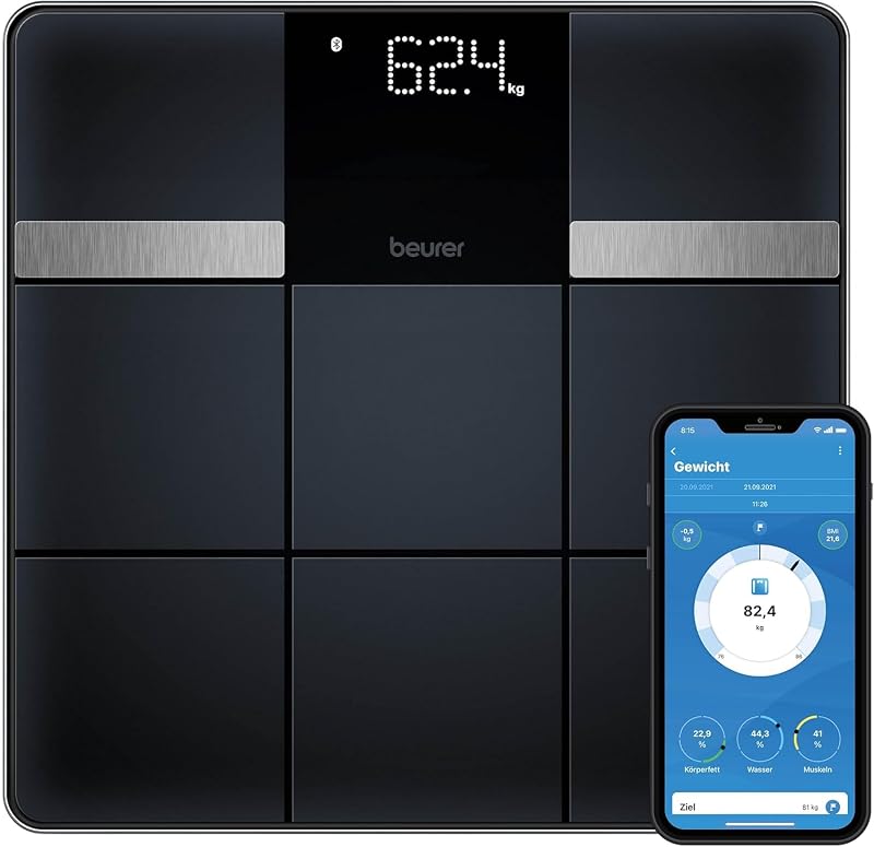 BF 450 Pèse-personne avec connexion à l'application via Bluetooth, balance impédancemètre numérique avec 17 valeurs mesurées, structure de carreaux mats, 8 mémoires utilisateur, 180 kg