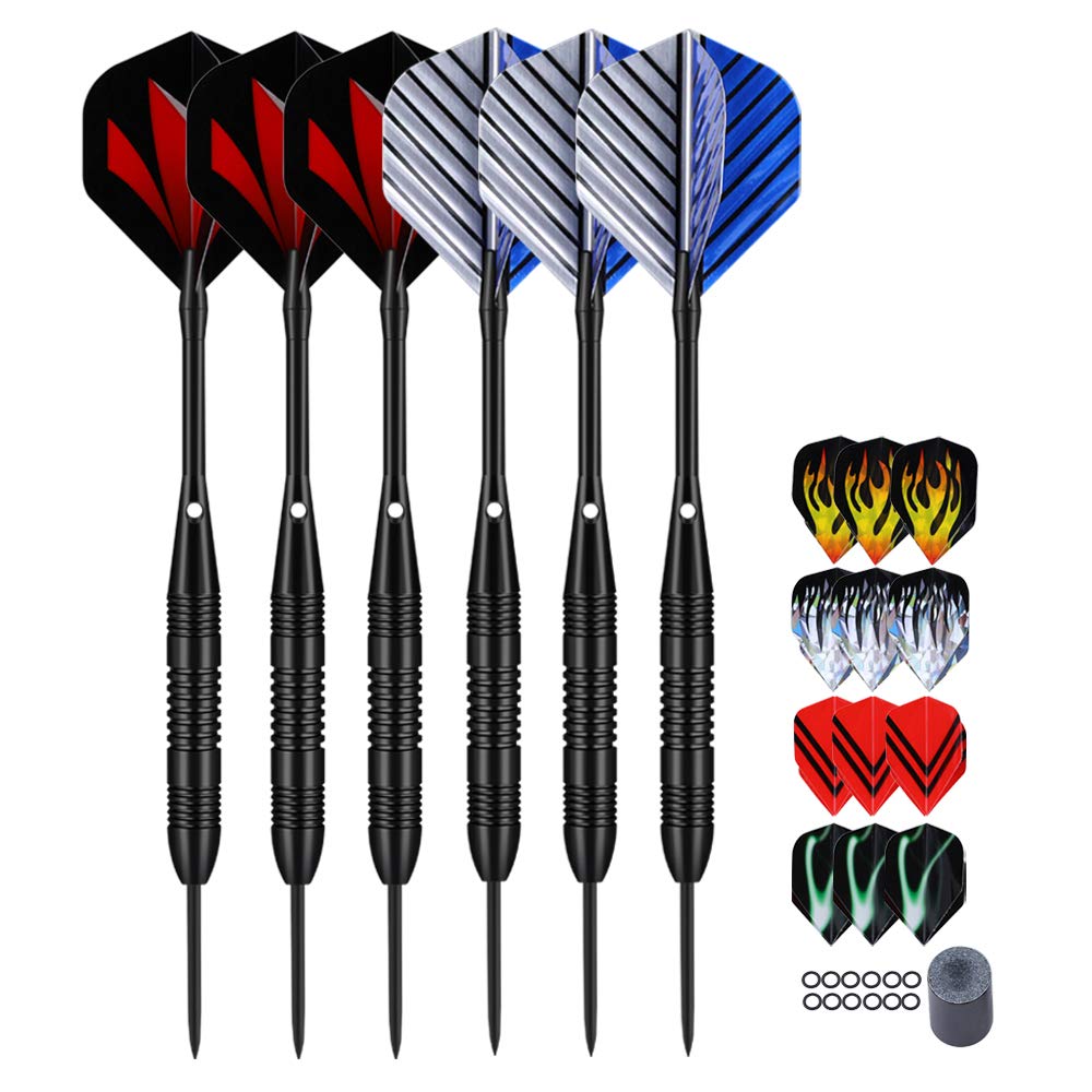 LARRITS Professional Steel Tip Darts Set – 6/12 Pack, 23g Darts with Black Aluminium Shafts, 18-Piece Flight Combo, 12 Rubber O‑Rings, Dart Sharpener– Durable, Precise Levels