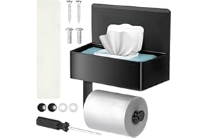 Toilet Paper Holder with Shelf & Towel Bar, 2-in-1 Wall Mounted Bathroom Organizer, Stainless Steel (Black)