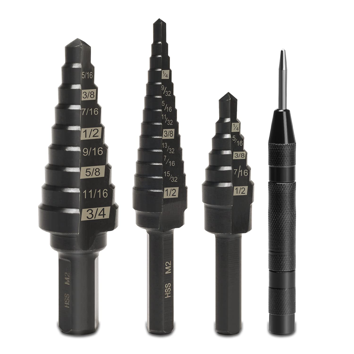 Photo 1 of Lichamp Step Drill Bit Set for Metal Sheet Heavy Duty, 4-Piece Genuine M2 HSS Step Up Down Drill Bits Stepper Unibit for Steel Hole, 28 Sizes from 1/8 to 1/2 inches
