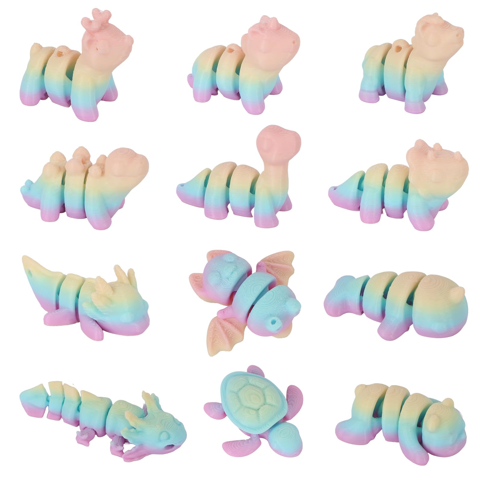 LALASTYULE 12PCS 3D Printed Mini Animals Set Articulated Dinosaur, Turtle, Bat, Rhino & More Movable Joint Fidget Toys Home Office Decor Educational Collectibles (Rainbow)