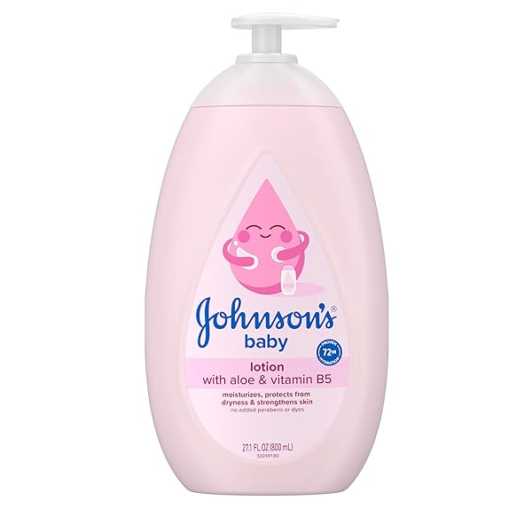 JOHNSON’S BABY LOTION WITH COCONUT OIL, ALOE VERA & VITAMIN B5, 72 HR HYDRATION, SKIN MOISTURIZER, HYPOALLERGENIC, SAFE FOR NEWBORN, PROTECTS FROM DRYNESS &; STRENGTHENS SKIN, 27.1 FL. OZ
