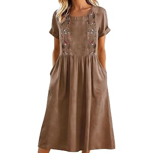 LMSXCT Women's Boho Embroidered Cotton Linen Midi Dress Scoop Neck Short Sleeve Flowy Casual Beach Summer Dress with Pockets