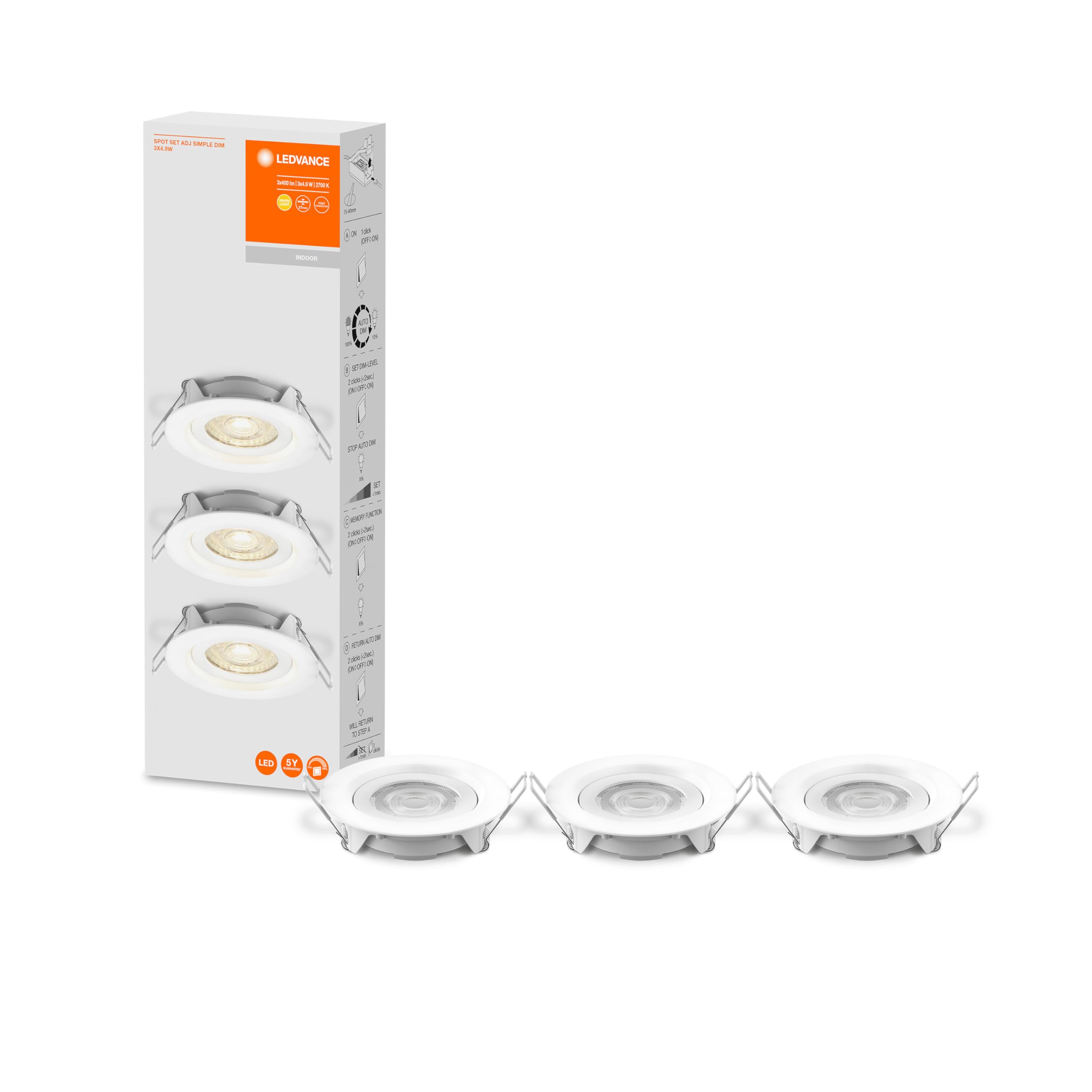 LEDVANCE LED Recessed Spotlight, Luminaire for Indoor Applications, Warm White, Infinitely Dimmable via Wall Switch, Grey, Spot Set ADJ Simpe DIM