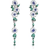 Peasimy Blue Flower Long Dangle Drop Stud Earrings for Women Zircon Green Leaf Flower Dangling Earrings Birthday Jewelry
