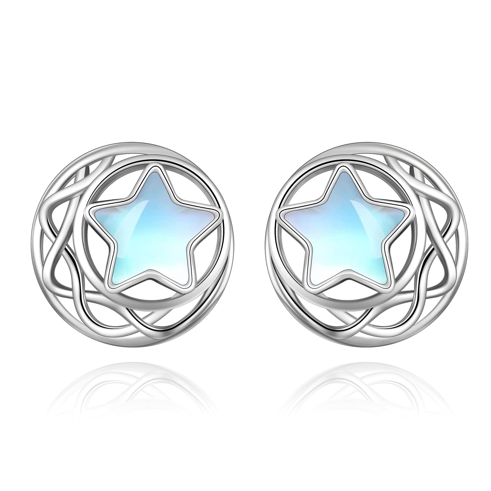 Celtic Moon Star Moonstone Earrings Sterling Silver Stud Earrings Moonstone Jewelry for Women Earrings for Sensitive Ears
