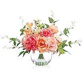 Artificial Flowers in Vase with Fake Water, Silk Peony Rose Flowers Bouquet with Glass Vase for Thanksgiving Party Birthday Wedding Dinning Table Centerpieces Office Decor & Gift (Coral & Peach Plus)