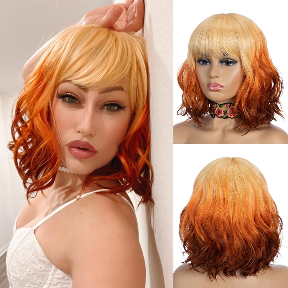 Photo 1 of NOBLE Short Bob Wigs with Bangs for Women 3 Tone Ombre Color Synthetic Shoulder Length Curly Wavy Blonde to Orange to Ginger Wig Natural Looking Heat Resistant Colorful Daily Party Cosplay Bob Wigs.