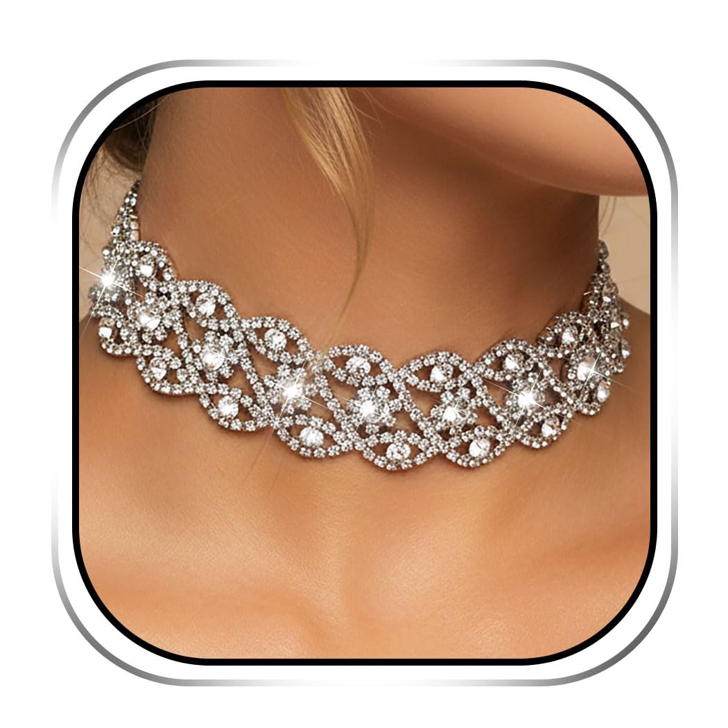 Handcess Rhinestone Choker Necklace Silver Sparkly Crystal Necklaces Bridal Necklace Jewelry for Women