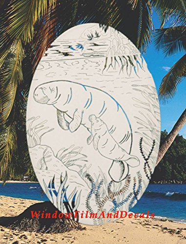 Oval Manatee Etched Window Decal Vinyl Glass Cling - 8" x 12" - White with Clear Design Elements