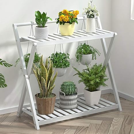 Amazon Co Jp 2層 フラワー スタンド 木製 盆栽棚 床置き ドレン設計 ガーデニング 花台 プランターラック 植物 スタンド 園芸ラック 植物棚 ベランダ 屋外 室内 ガーデニング 棚 色 白 サイズ 48x41x75cm ホーム キッチン